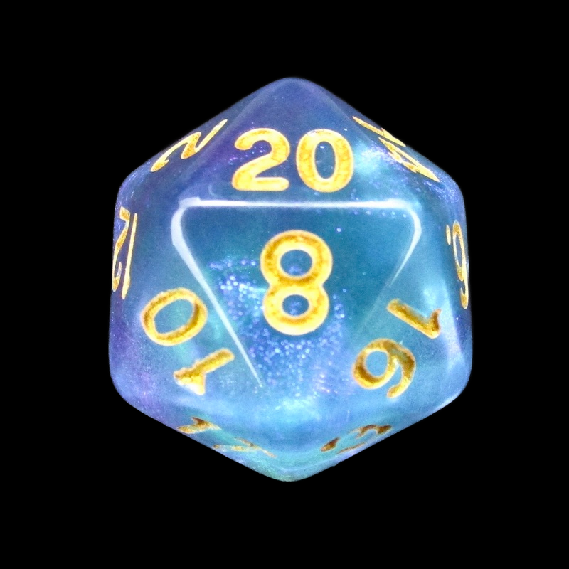 TDSO Light Reactive Cyan & Purple with Gold D20 Dice