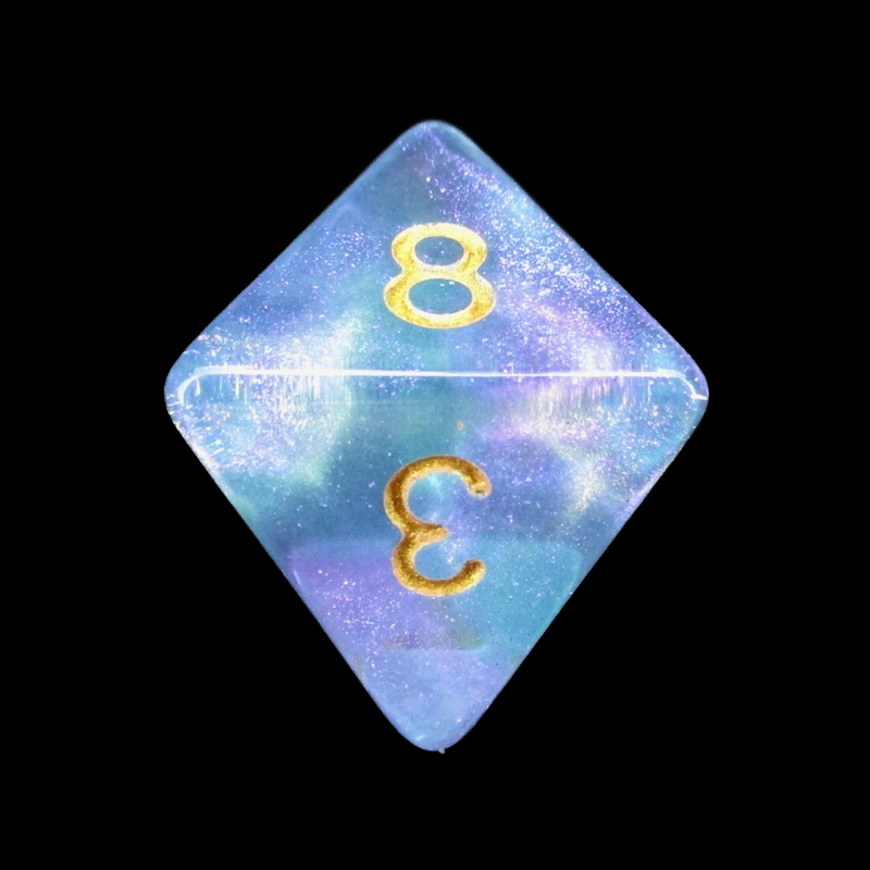 TDSO Light Reactive Cyan & Purple with Gold D8 Dice
