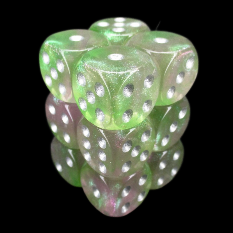 TDSO Light Reactive Green & Purple with Silver 12 x D6 Dice Set