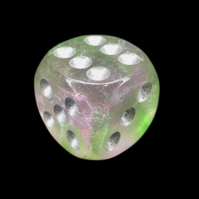 TDSO Light Reactive Green & Purple with Silver 16mm D6 Spot Dice