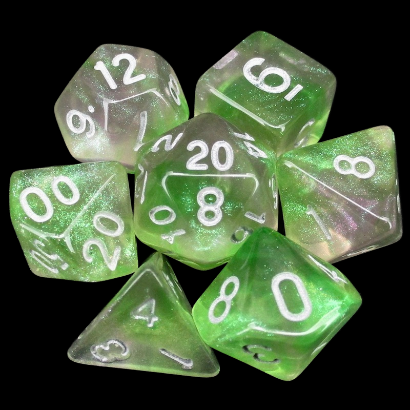 TDSO Light Reactive Green & Purple with Silver 7 Dice Polyset