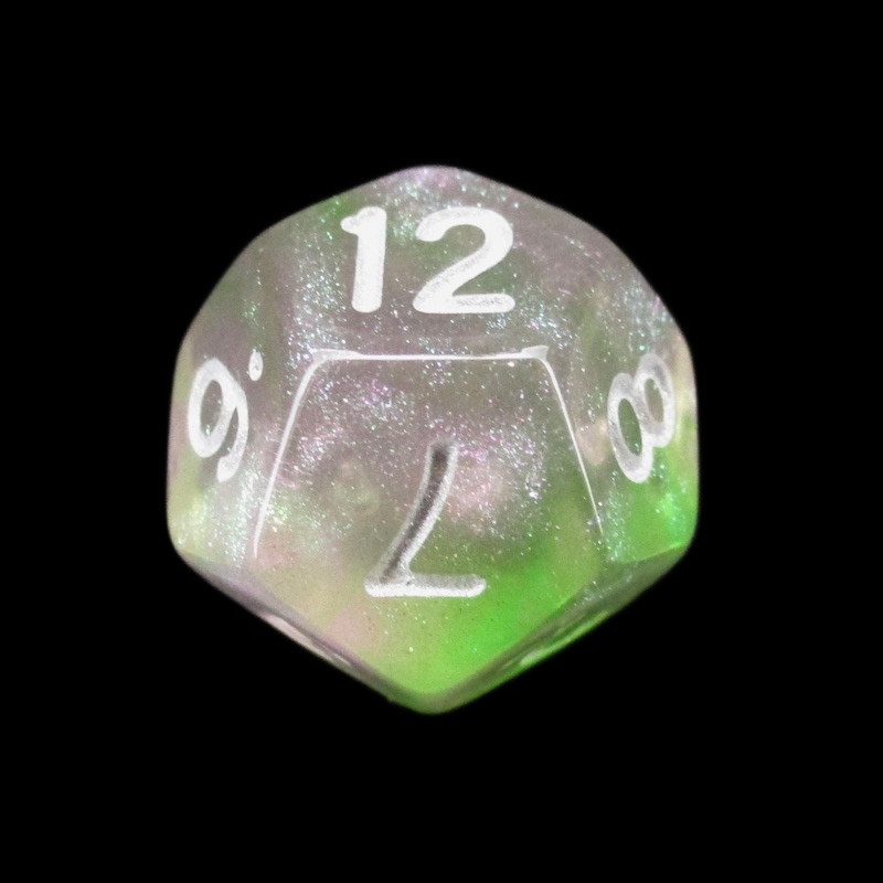 TDSO Light Reactive Green & Purple with Silver D12 Dice