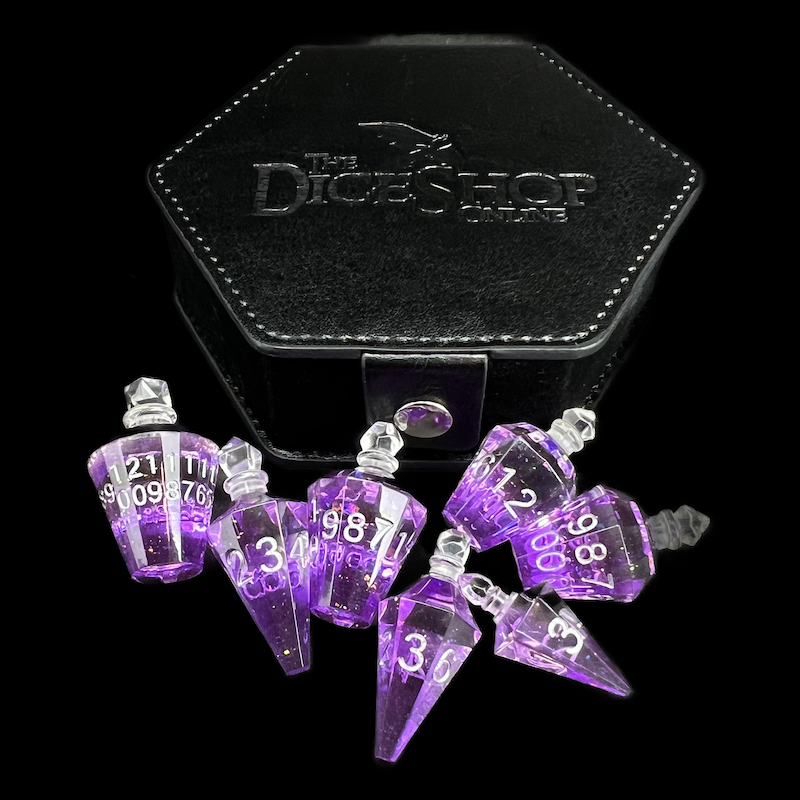 TDSO Potion Bottle Purple & Silver 7 Dice Polyset In Padded Case