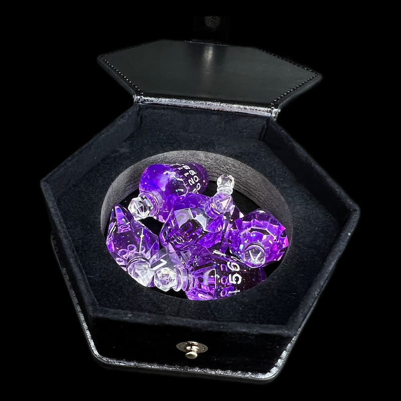TDSO Potion Bottle Purple & Silver 7 Dice Polyset In Padded Case