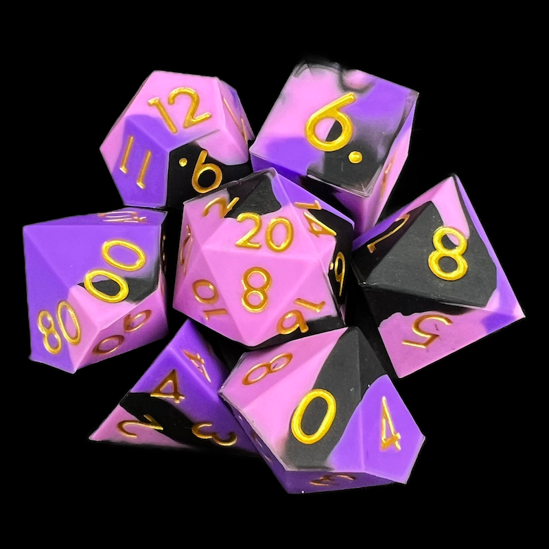 TDSO Silicone Black Pink & Purple with Gold 7 Dice Polyset BOUNCY DICE