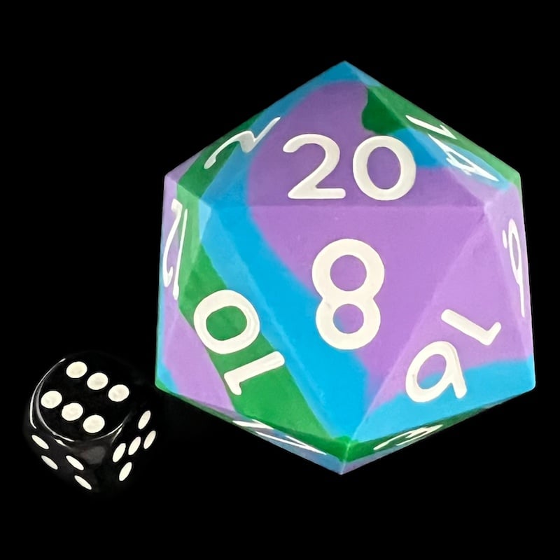 TDSO Silicone Blue Green & Purple with White MASSIVE 55mm D20 DICE