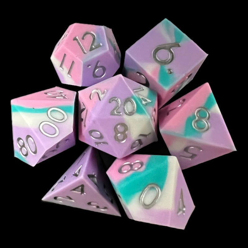 TDSO Silicone Pink Purple Teal & White with Gold 7 Dice Polyset BOUNCY DICE