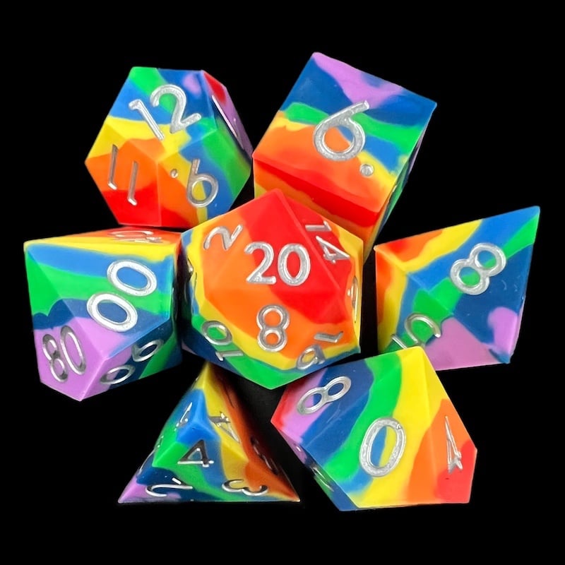 TDSO Silicone Rainbow with Silver 7 Dice Polyset