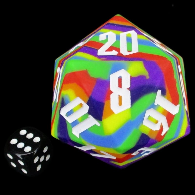 TDSO Silicone Rainbow With White MASSIVE 55mm D20 BOUNCY Dice