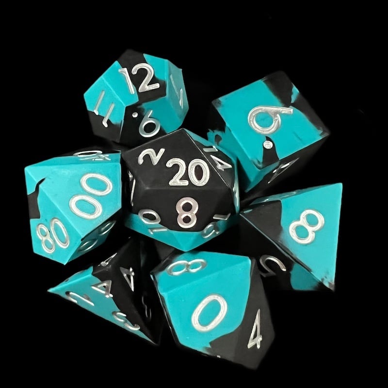 TDSO Silicone Teal & Black with Silver 7 Dice Polyset BOUNCY DICE