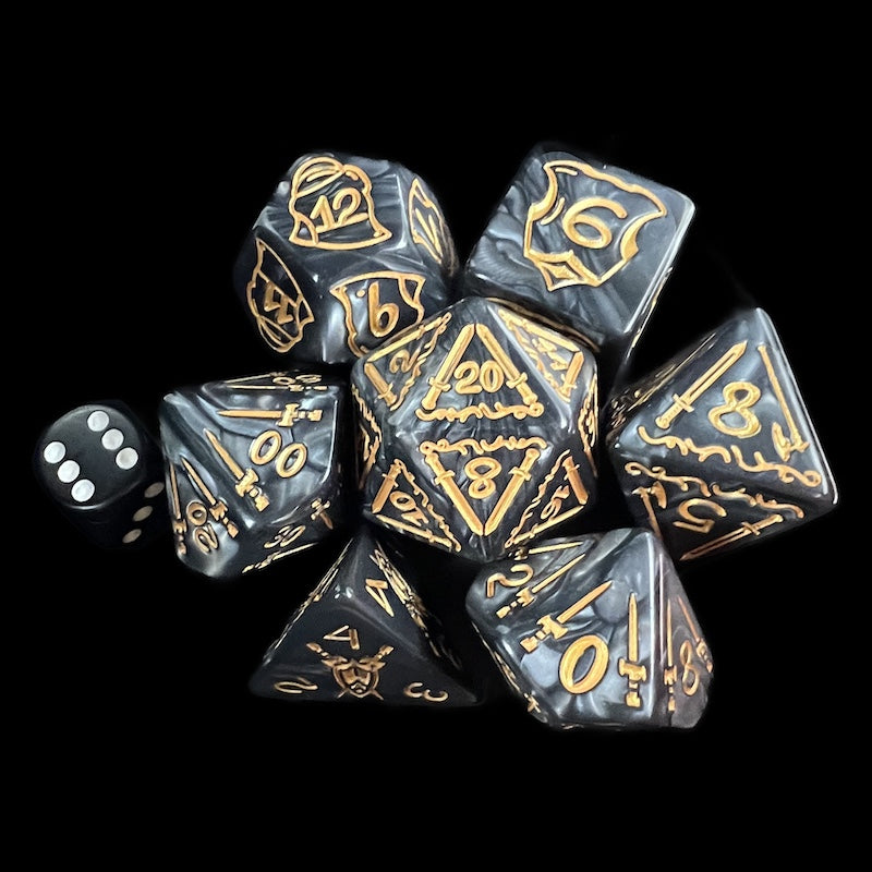 TDSO Warrior Pearl Black & Gold GIANT 7 Dice Polyset