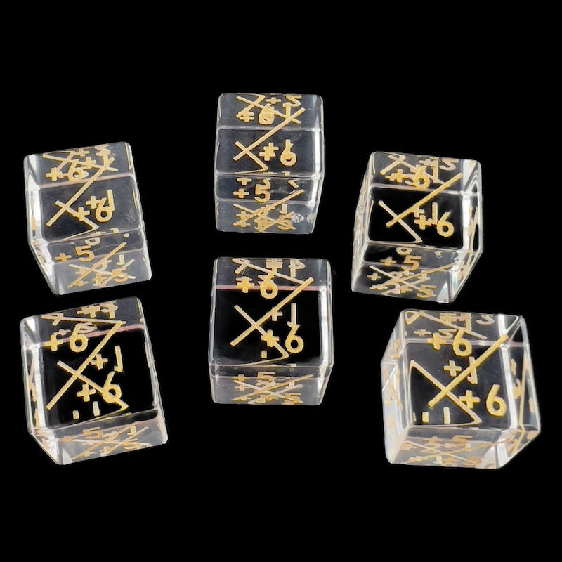 TDSO Zircon Glass Diamond & Gold Positive Counter 6 x D6 Dice Set In Padded Case