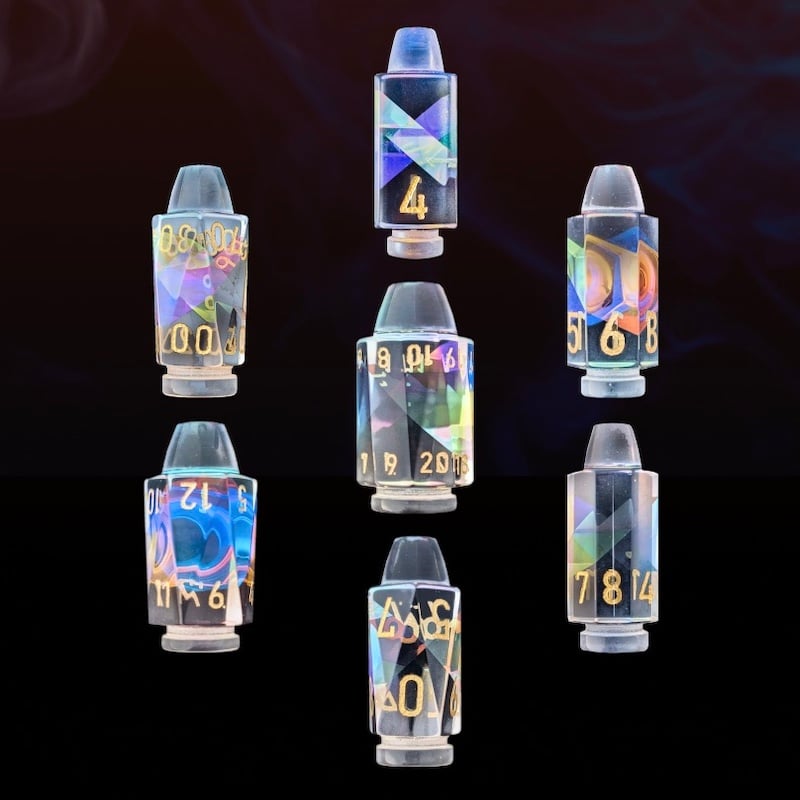 TDSO Zircon Glass Rainbow & Gold Bullet Dice Set