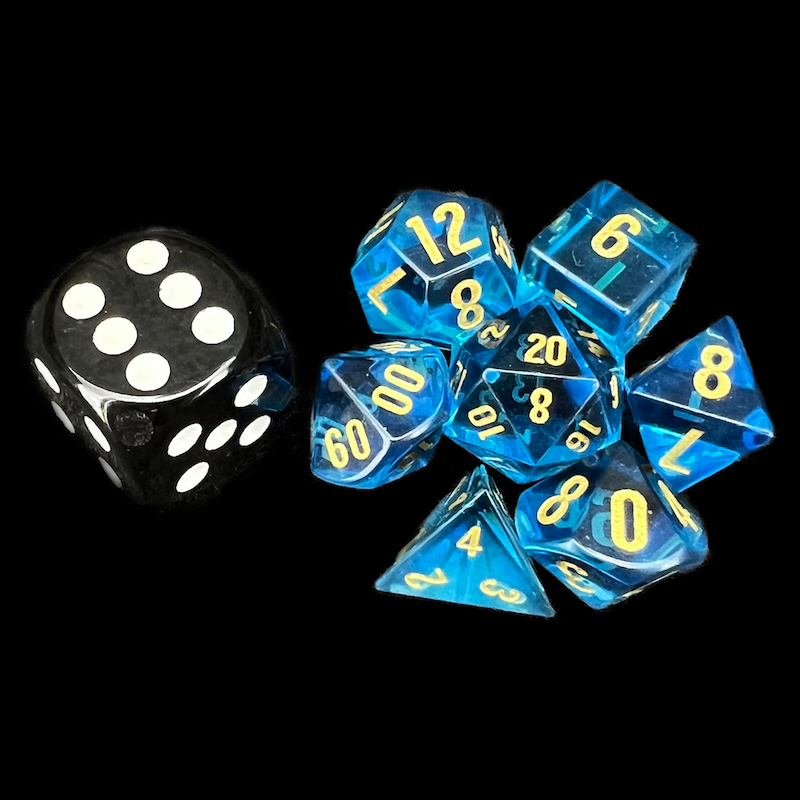 TDSO Zircon Glass Sapphire & Gold MINI 7 Dice Polyset