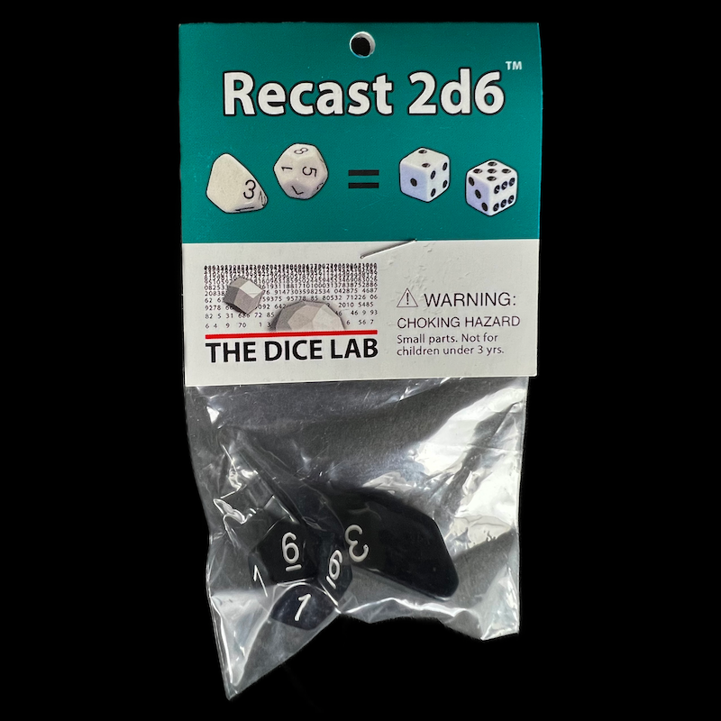 The Dice Lab Opaque Black with White Recast 2D6 Dice