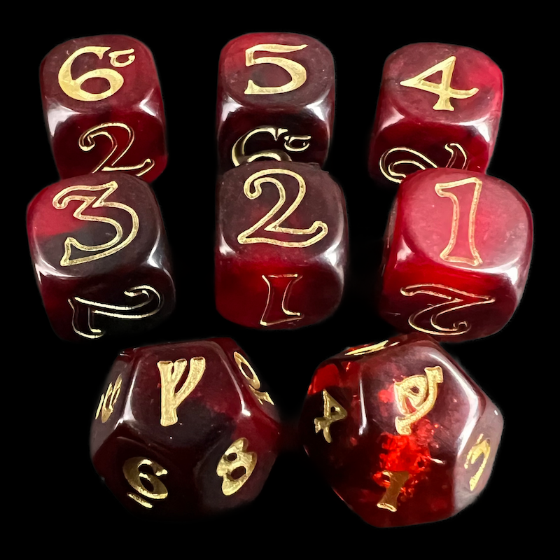 CLEARANCE The One Ring Translucent Red Black & Gold Dice Set OOP