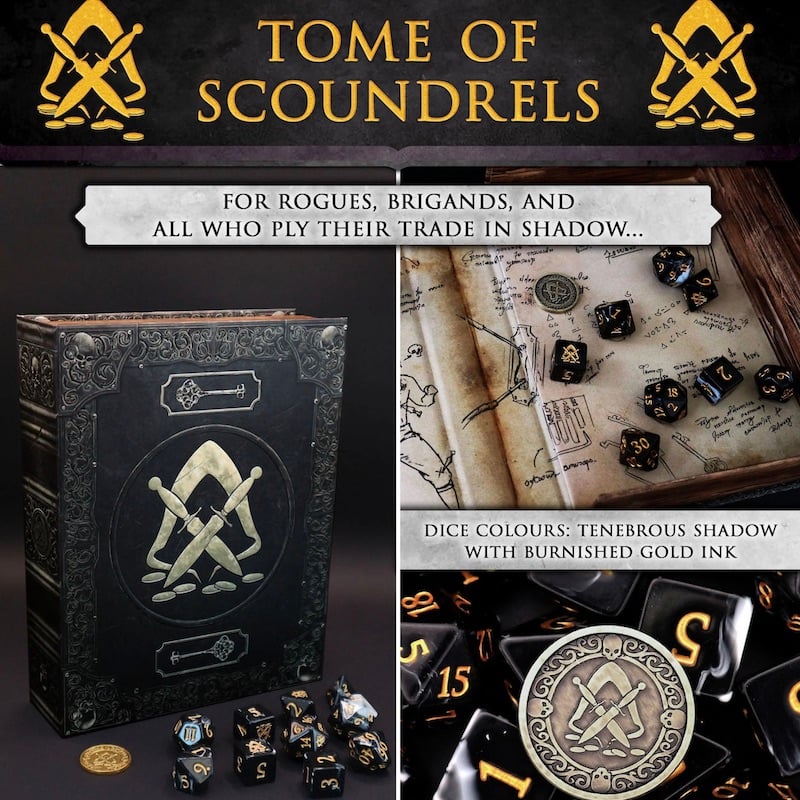 Tome of Scoundrels - 10 Dice Polyset / Coin / Dice Tray