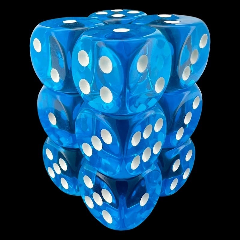 HALF PRICE CLEARANCE Tomesch Translucent Teal & White 12 x D6 Dice Set