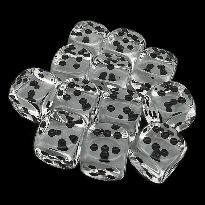 HALF PRICE CLEARANCE Tomesch Translucent Diamond & Black 18mm 12 x D6 Dice Set
