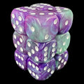 UK Made Dice Floral Purple & Green with White 12 x D6 Dice Set