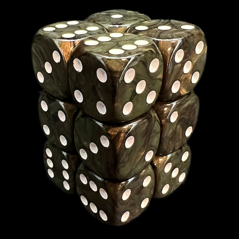 UK Made Dice Lustrous Pearl Camouflage with White 12 x D6 Dice Set