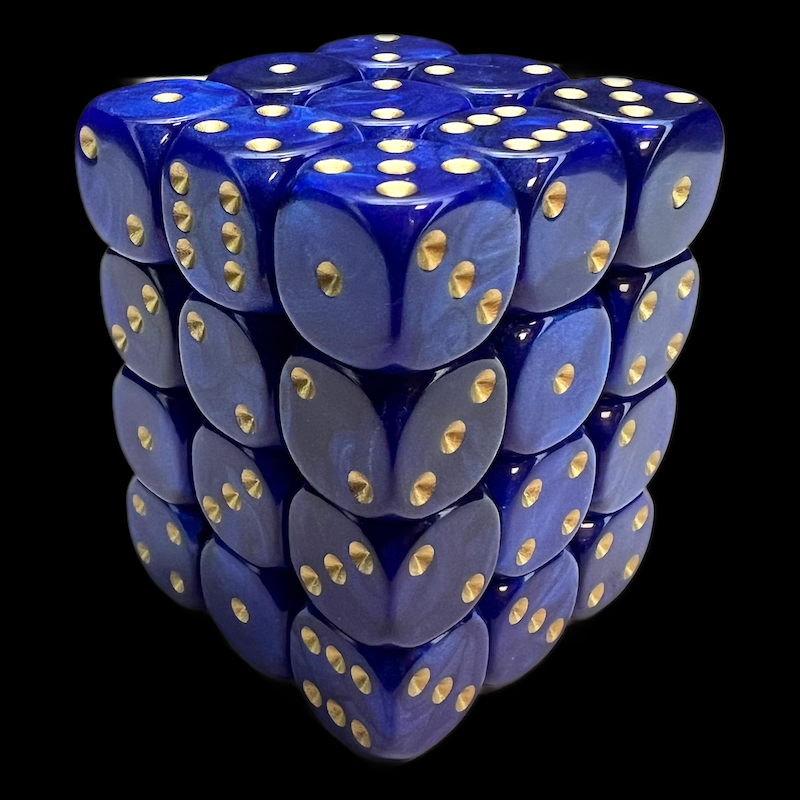 UK Made Dice Lustrous Pearl Dark Blue with Gold 36 x D6 Dice Set
