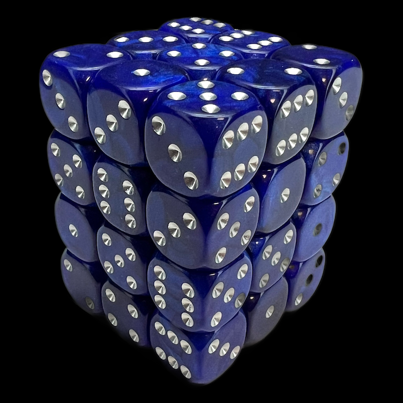 UK Made Dice Lustrous Pearl Dark Blue with Silver 36 x D6 Dice Set
