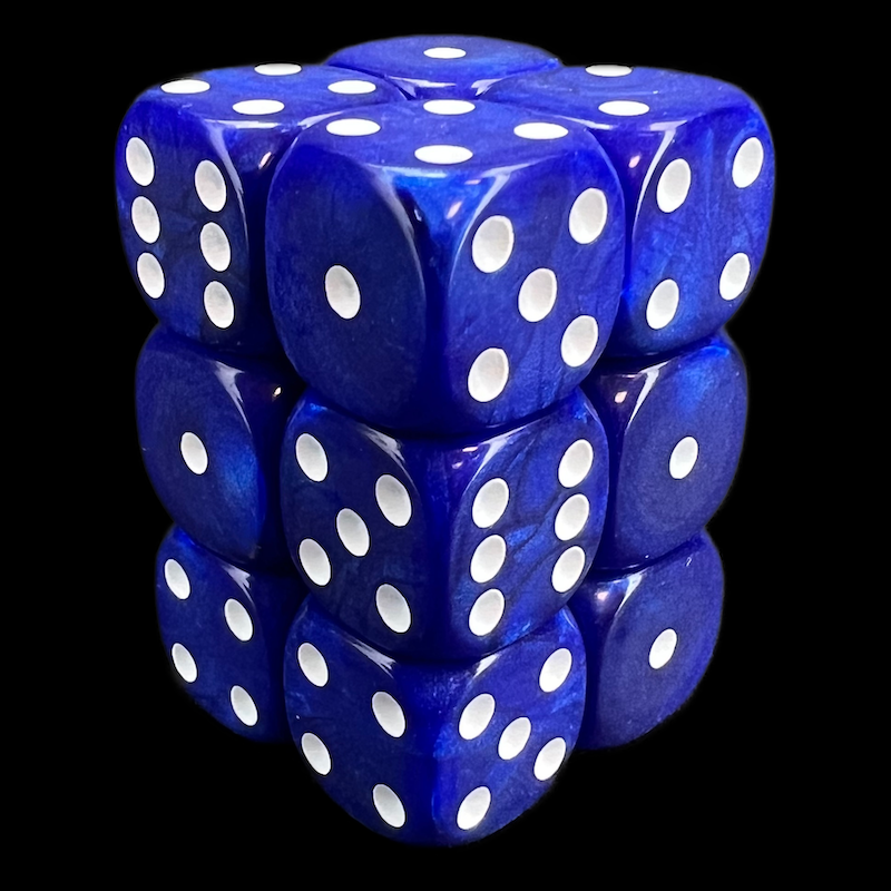 UK Made Dice Lustrous Pearl Dark Blue with White 12 x D6 Dice Set