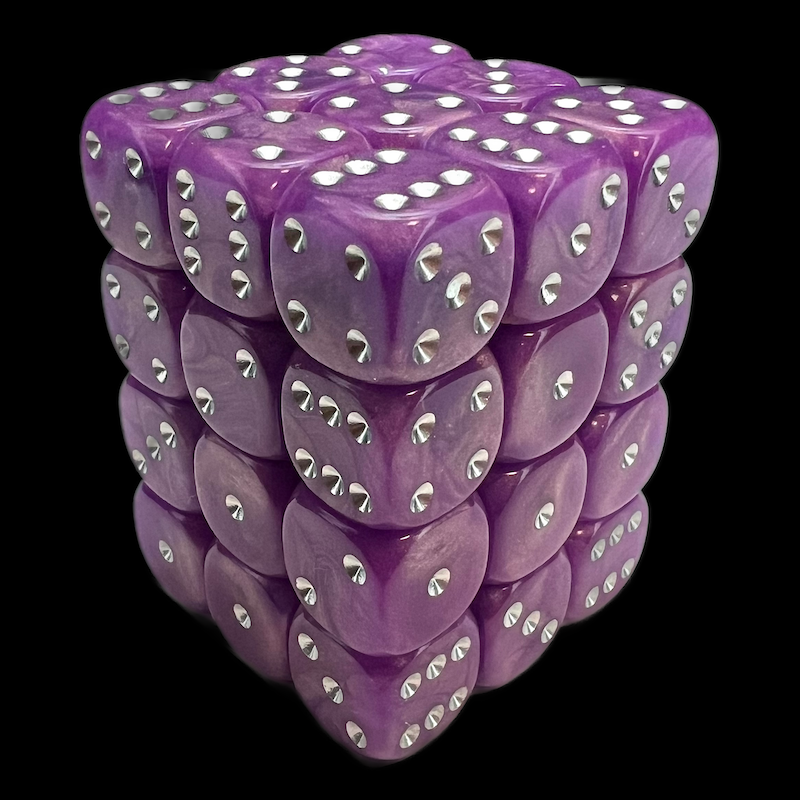 UK Made Dice Lustrous Pearl Lilac with Silver 36 x D6 Dice Set