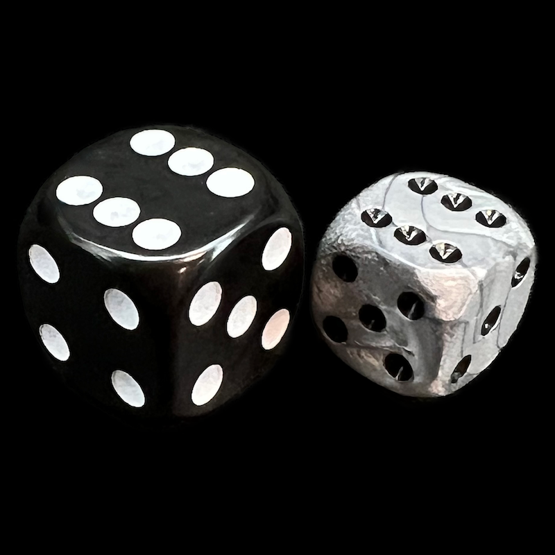 UK Made Dice Lustrous Pearl Mithril with Black 12mm D6 Spot Dice