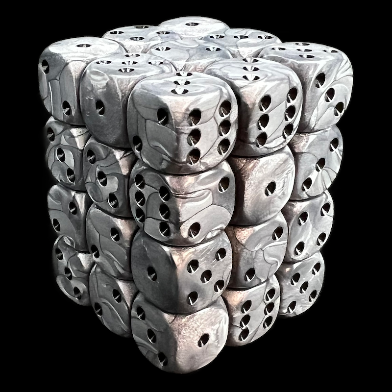 UK Made Dice Lustrous Pearl Mithril with Black 36 x D6 Dice Set