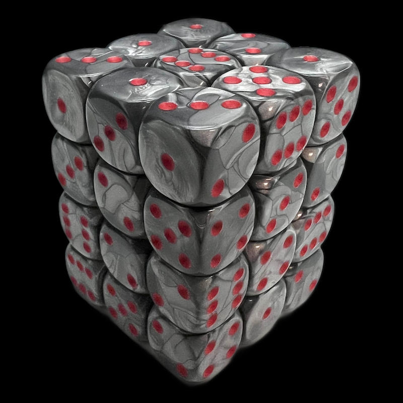 UK Made Dice Lustrous Pearl Mithril with Red 36 x D6 Dice Set