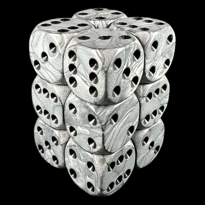 UK Made Dice Lustrous Pearl Mythril with Black 12 x D6 Dice Set