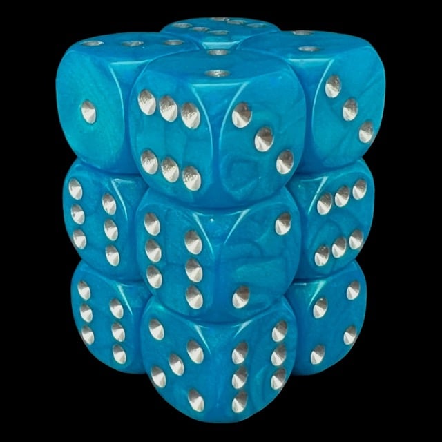UK Made Dice Lustrous Pearl Teal with Silver 12 x D6 Dice Set