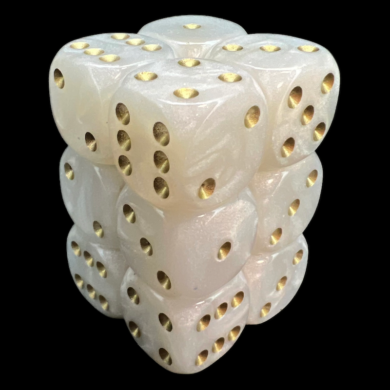 UK Made Dice Lustrous Pearl White with Gold 12 x D6 Dice Set