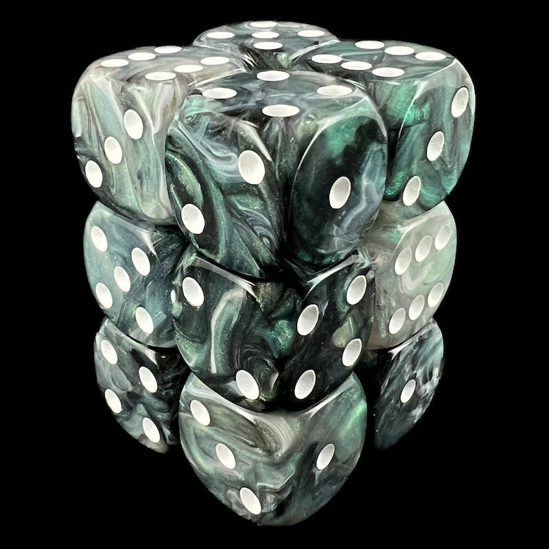 UK Made Dice Pearlescent Slate with White 12 x D6 Dice Set