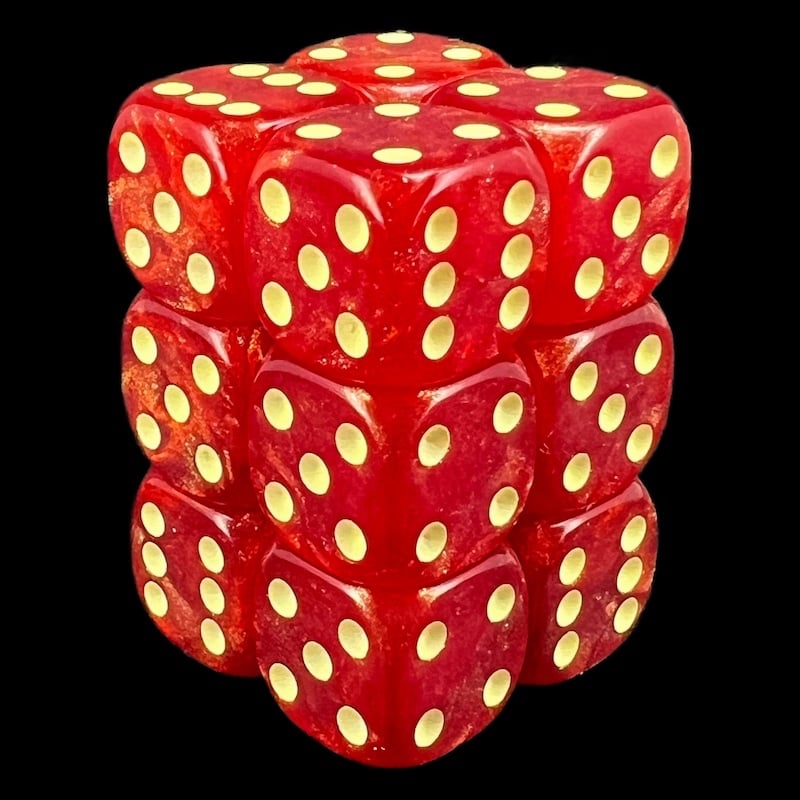 UK Made Dice Lustrous Ruby with Yellow 12 x D6 Dice Set