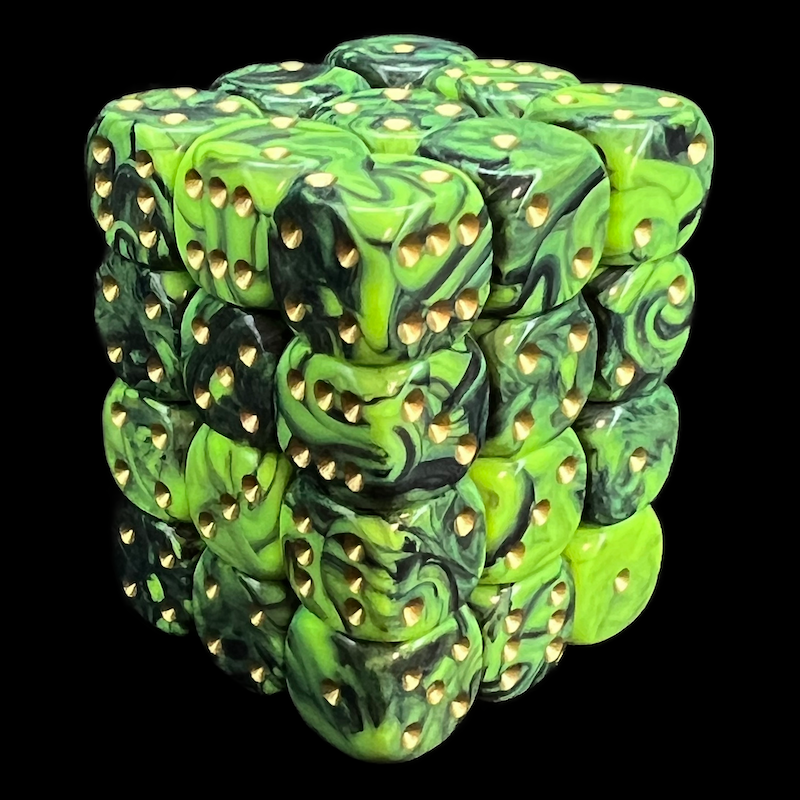 UK Made Dice Marble Green & Black with Gold 36 x D6 Dice Set