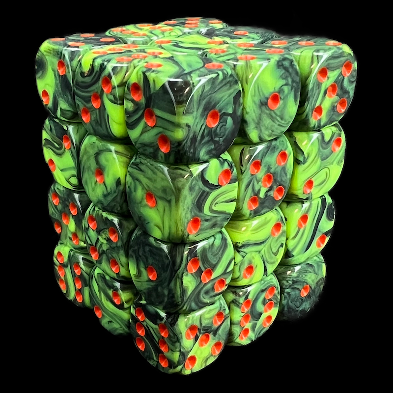 UK Made Dice Marble Green & Black with Red 36 x D6 Dice Set