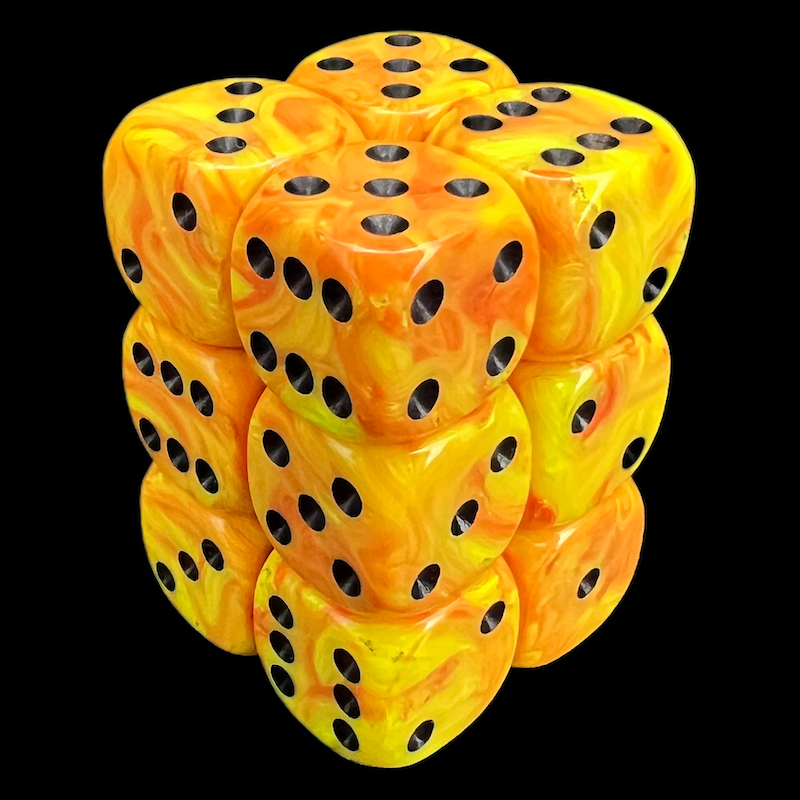 UK Made Dice Marble Inferno with Black 12 x D6 Dice Set