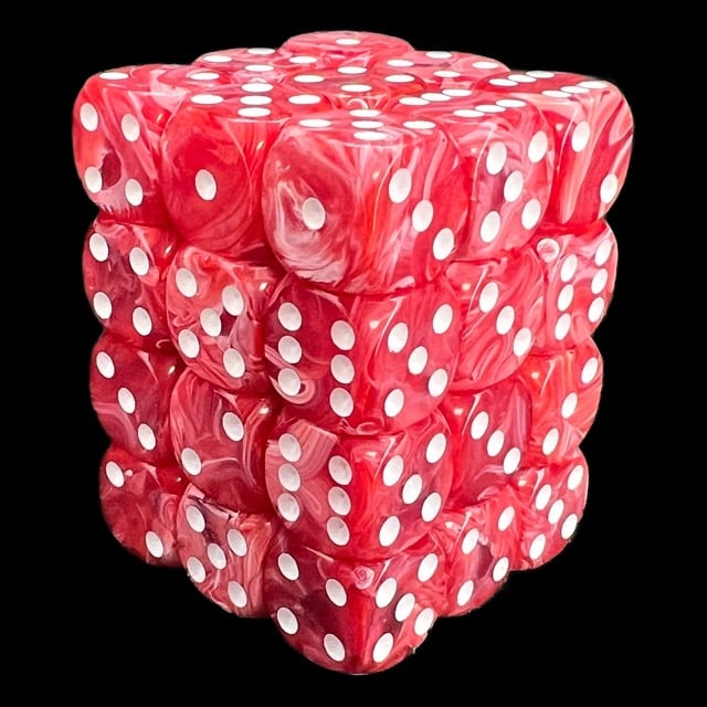 UK Made Dice Marble Pink & Red with White 36 x D6 Dice Set