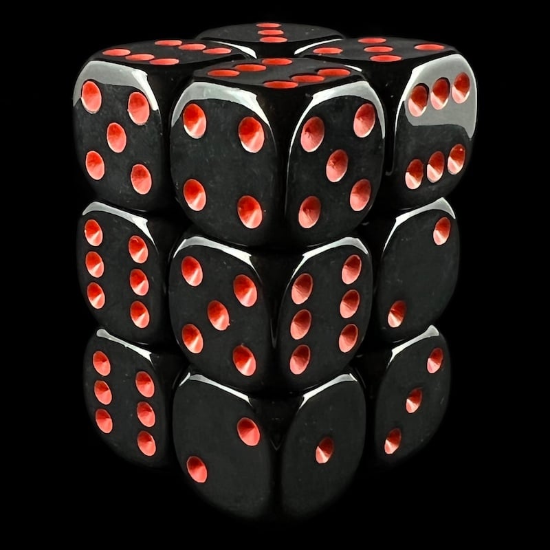 UK Made Dice Opaque Black with Red 12 x D6 Dice Set