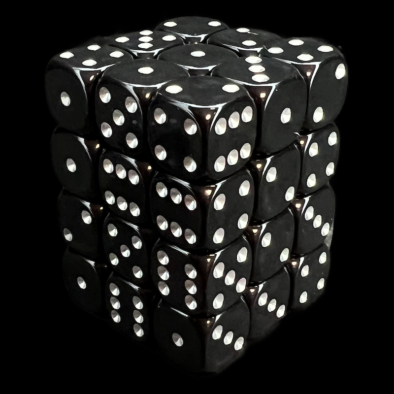 UK Made Dice Opaque Black with Silver 36 x D6 Dice Set
