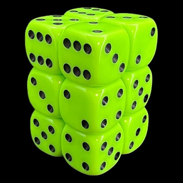 UK Made Dice Opaque Neon Green with Black 12 x D6 Dice Set