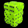 UK Made Dice Opaque Neon Green with Black 12 x D6 Dice Set