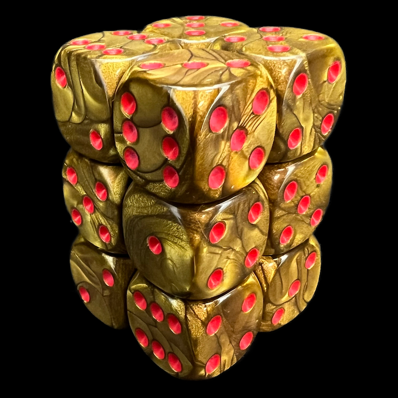 UK Made Dice Pearl Bronze with Red 12 x D6 Dice Set
