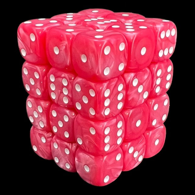 UK Made Dice Lustrous Pearl Pink with White 36 x D6 Dice Set