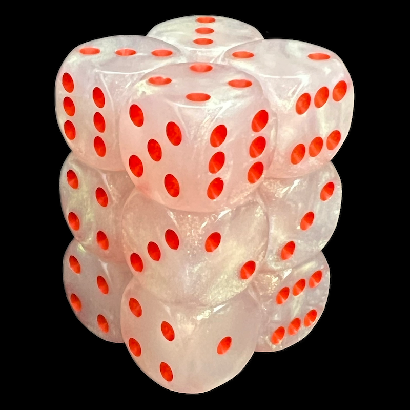 UK Made Dice Lustrous White with Red 12 x D6 Dice Set