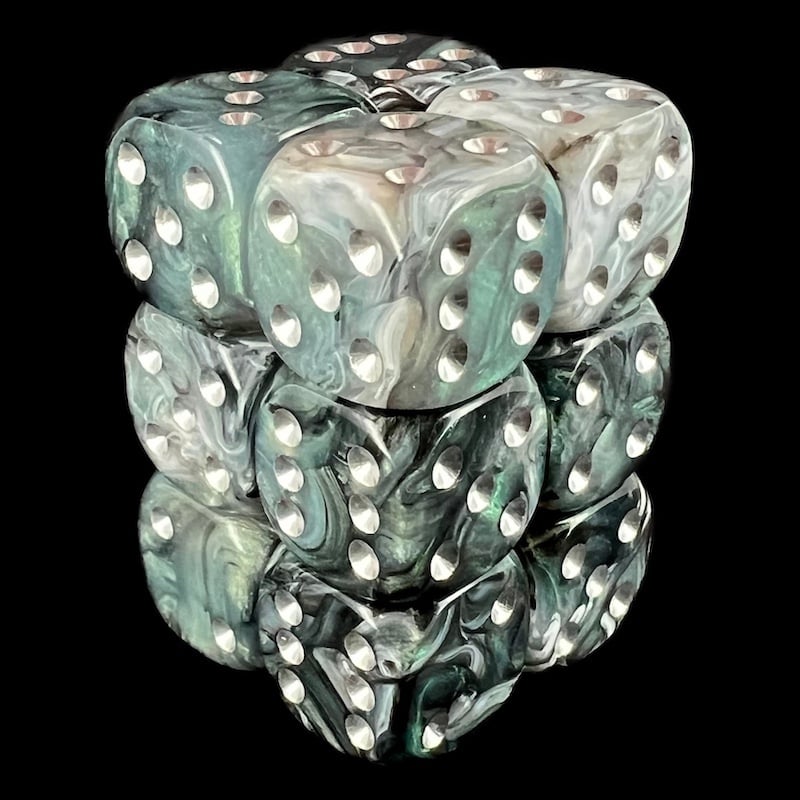 UK Made Dice Pearlescent Slate with Silver 12 x D6 Dice Set