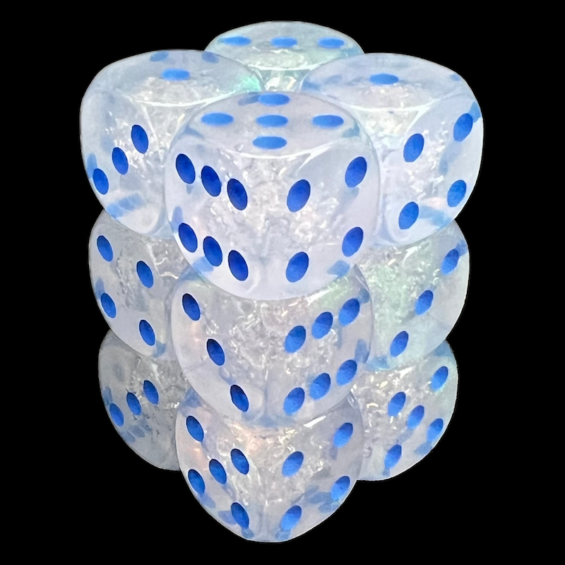 UK Made Dice Translucent Irridescent Diamond Bubble with Blue 12 x D6 Dice Set